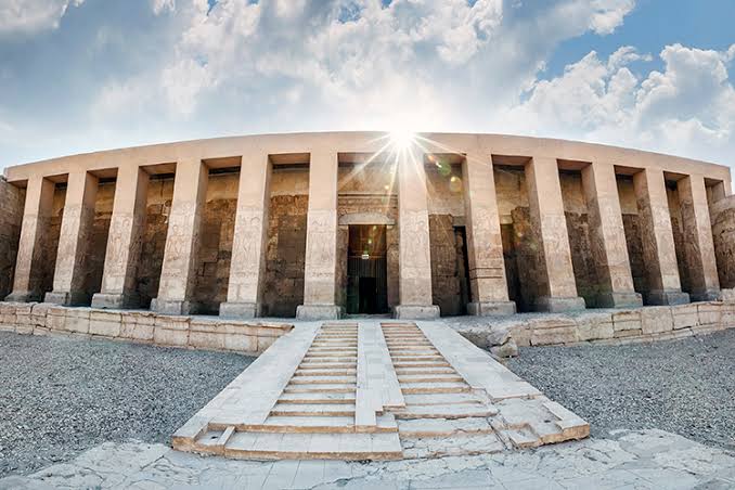 Photo of the Temple of Seti I, an intricately decorated ancient Egyptian temple in Abydos.